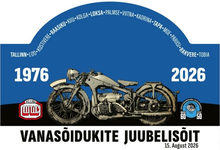 Vanasõidukite Juubelisõit 2026 plakat vanamootorratta illustratsiooni ja marsruudiga