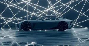 Lexus Electrified Sport kontseptsioonauto külgvaade futuristliku valgustusega ruumis