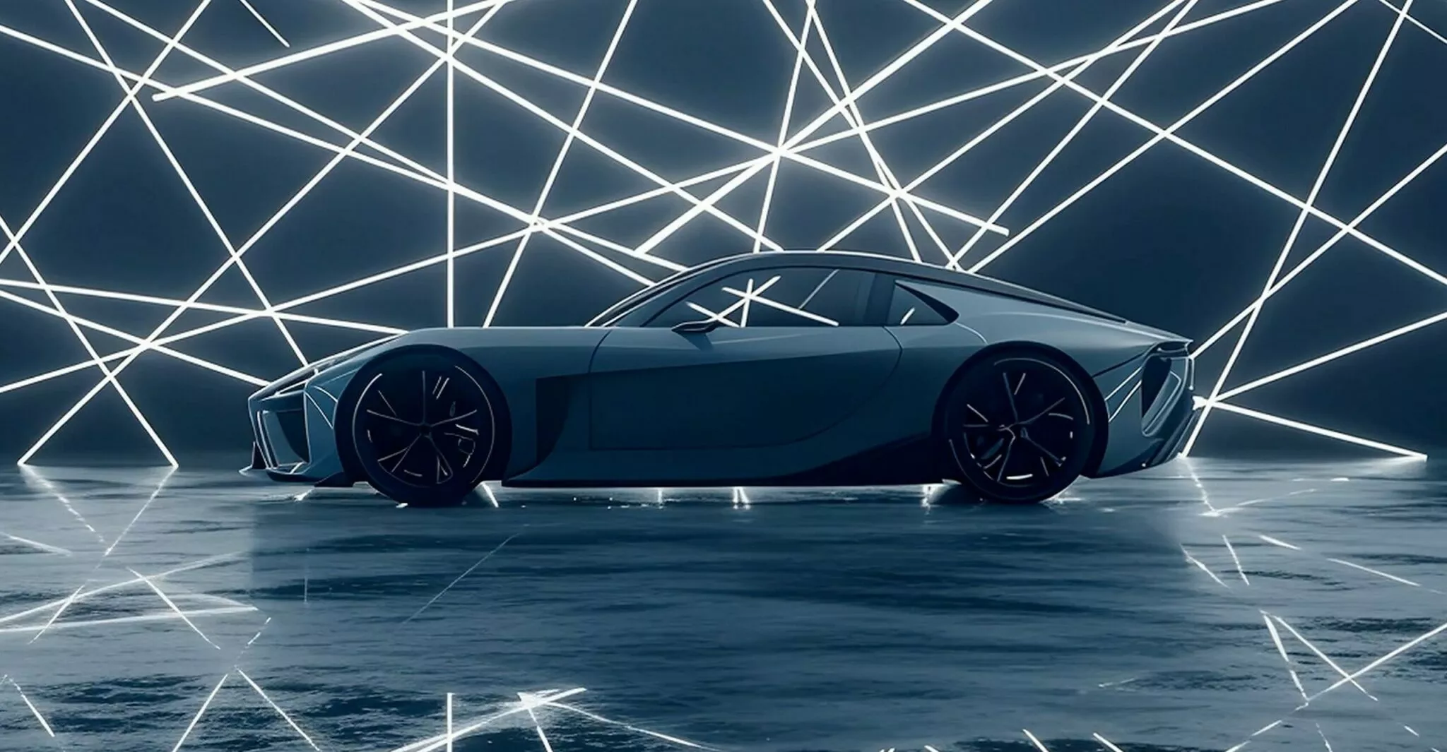 Lexus Electrified Sport kontseptsioonauto külgvaade futuristliku valgustusega ruumis