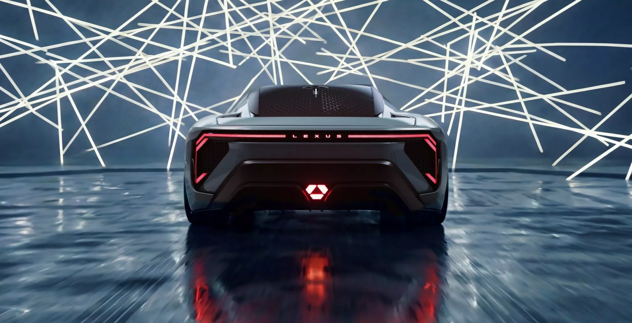 Lexus Electrified Sport kontseptsioonauto tagantvaade futuristliku LED-valgustuse ja geomeetrilise taustaga