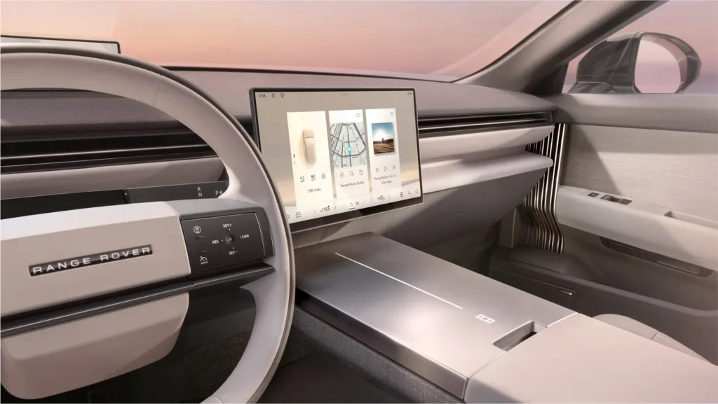 Range Rover GT interjöör ja keskkonsool Range Rover GT kesksooni ja digitaalse puutetundliku ekraaniga minimalistlik interjöör