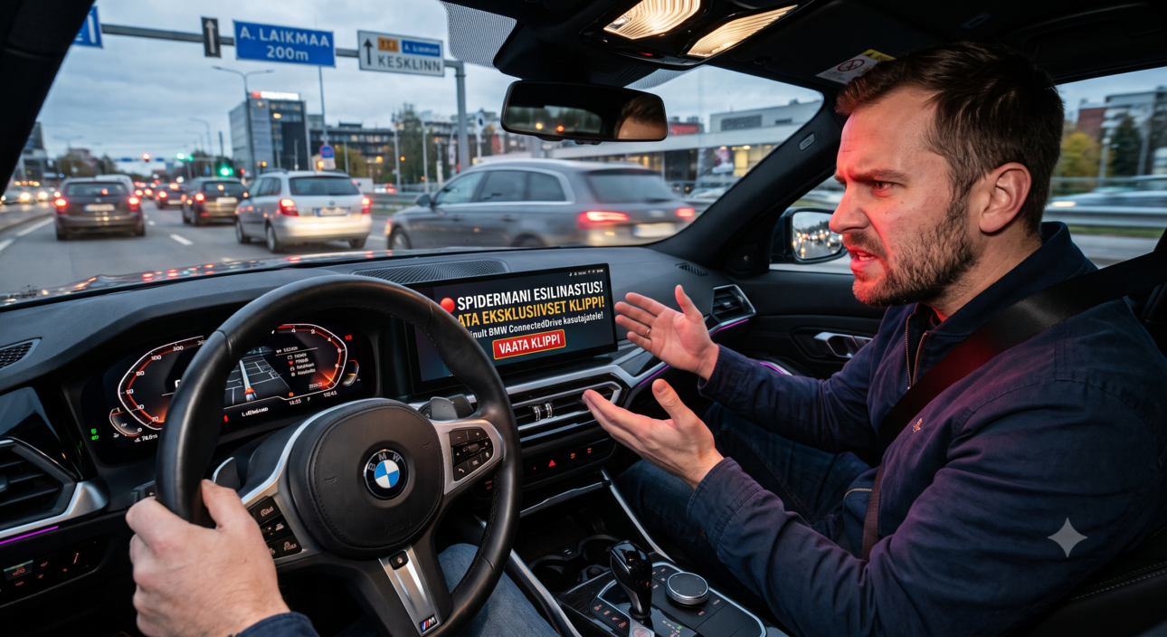 2026 Reklaamid BMW ekraanil 2026 Reklaamid BMW ekraanil: Frustreeritud juht rooli taga, kelle auto suurel meelelahutusekraanil särab suur ja häiriv pop-up reklaam.