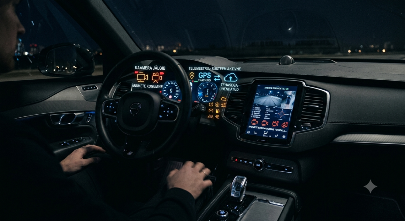 Tänapäevaste autode telemeetria ja andmekogumine Moodsa auto salong öösel, ekraanidel helendavad telemeetria ja kaamerate sümbolid