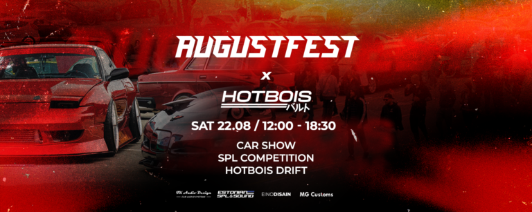 Augustfest 2026 ja Hotbois ürituse punane plakat, mis tutvustab laupäevast kava, Car Show'd ja drifti