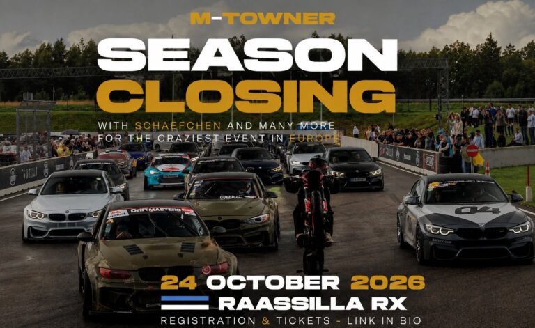 M-Towner hooaja lõpuürituse plakat 24. oktoobril 2026 Raassilla RX rajal, kus on näha mitmeid BMW sportautosid ja mootorratturit