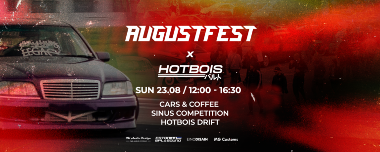 Augustfest 2026 ja Hotbois ürituse pühapäevane plakat lilla tuunitud Mercedes-Benziga, mis tutvustab Cars & Coffee, Sinus helivõistluse ja drifti kava