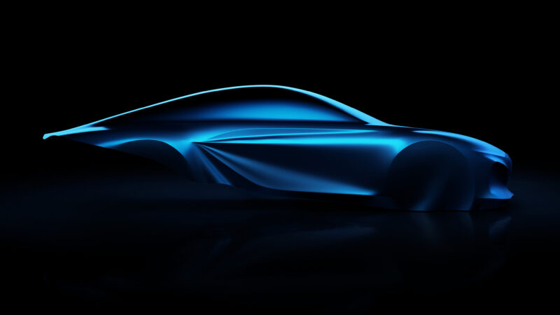Alpine A110 bensiinimootor ja tuleviku sportauto voolujooneline disainiskulptuur