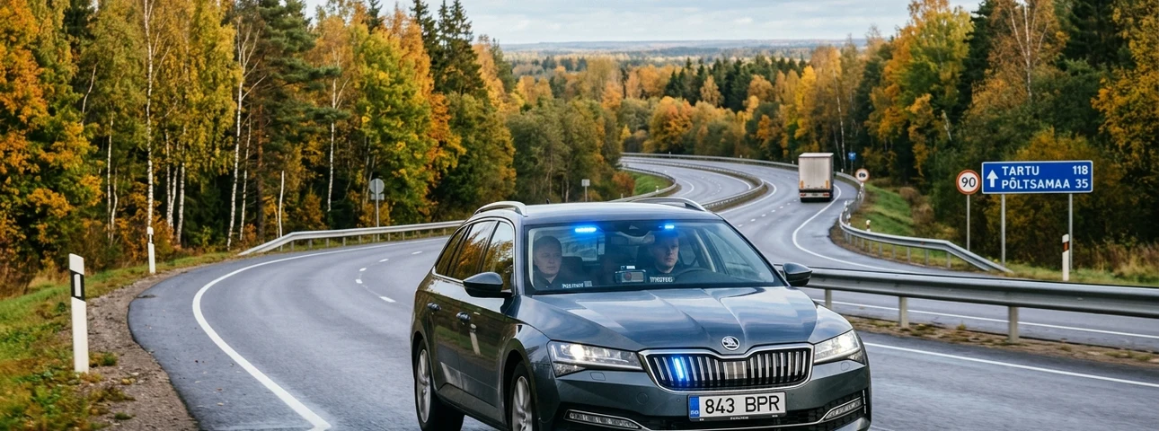 [AI illustratsioon] Mobiilsed kiiruskaamerad ja eravärvides politseiauto maanteel