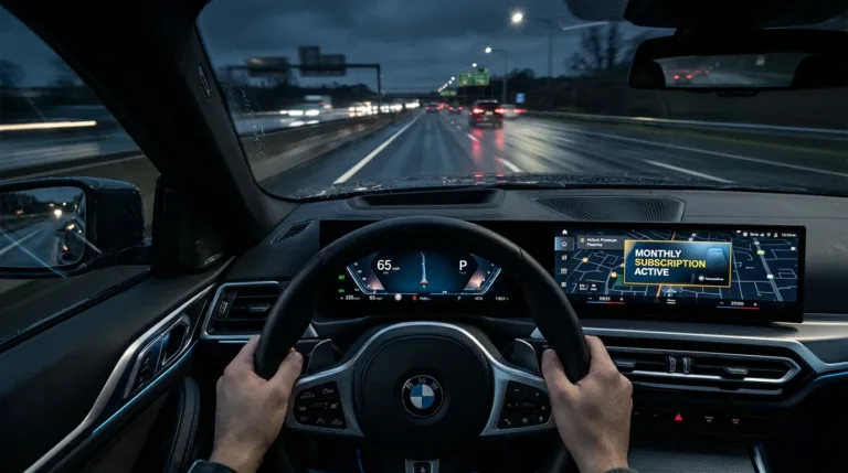 [AI illustratsioon] Reklaamid BMW ekraanil: moodne BMW Curved Display kuvamas pealetükkivat reklaambännerit öisel maanteel